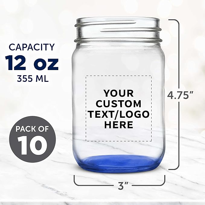 DISCOUNT PROMOS Custom Decorating Mason Jars 12 oz. Set of 10, Personalized Bulk Pack - Glass Jars for Overnight Oats, Candies, Fruits, Pickles, Spices, Beverages - Blue