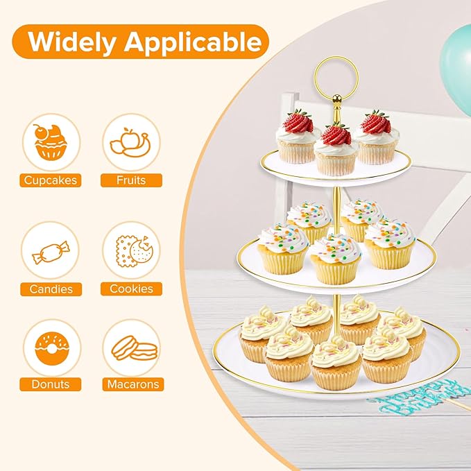Hoedia 3 Tier Cupcake Stand Tower, Plastic White Cup Cake Holder for Dessert stands, Tiered Serving Tray for Tea Party, Birthday Party, Wedding Decor and Baby Shower(Round)
