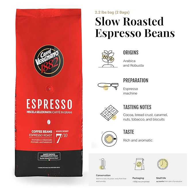 Caffe Vergnano 1882 Espresso Whole Bean Arabica Roast Coffee, 2.2 lb bag - Italian Medium Roast Coffee Beans with notes of Chocolate, Nuts & Caramel, Intensity 7/10-1000g Bag (2 Pack)
