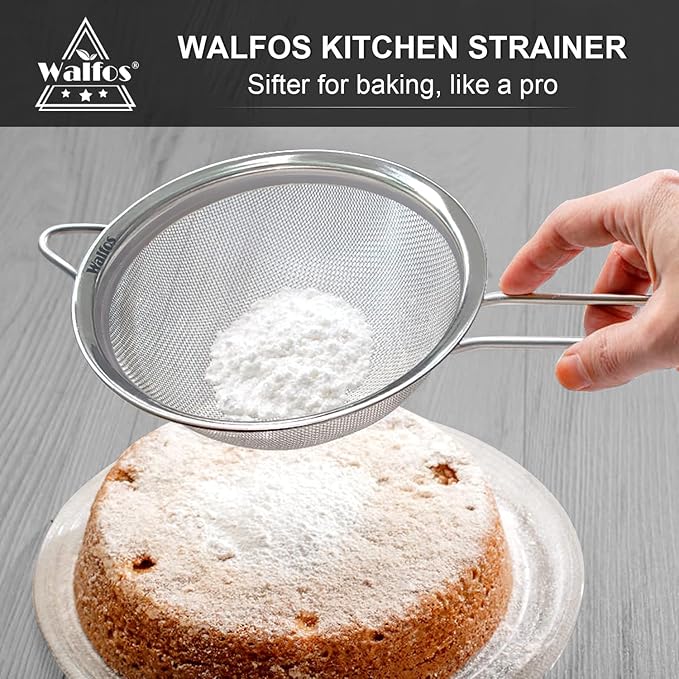 Walfos Fine Mesh Strainer 4PCS, Versatile Kitchen Strainer with Handle - 7", 5", 3.3", 2.8" Sieve Fine Mesh Stainless Steel, Metal Strainers and Sifters for Rice, Quinoa, Tea, Cocktail, Pasta, Juice
