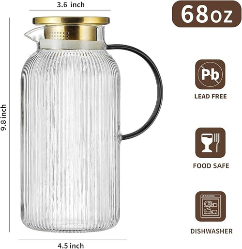 2 PACK Glass Pitcher with Lid,68 oz/ 2 Liter Vertical Stripes Water Pitcher With Black Handle,Glass Water Carafe for Cold Brew,Coffee, Lemonade, Iced Sun Tea,Beverage, Milk Heat Resistant