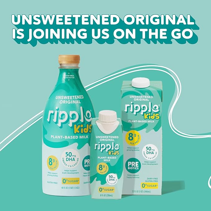 Ripple Kids Unsweetened Plant Based Milk | Pediatrician Recommended | 8g Pea Protein | Shelf Stable | Vegan & Non GMO Certififed | Dairy, Soy, Nut, Gluten, and Lactose Free | 8 Fl Oz (Pack of 12)