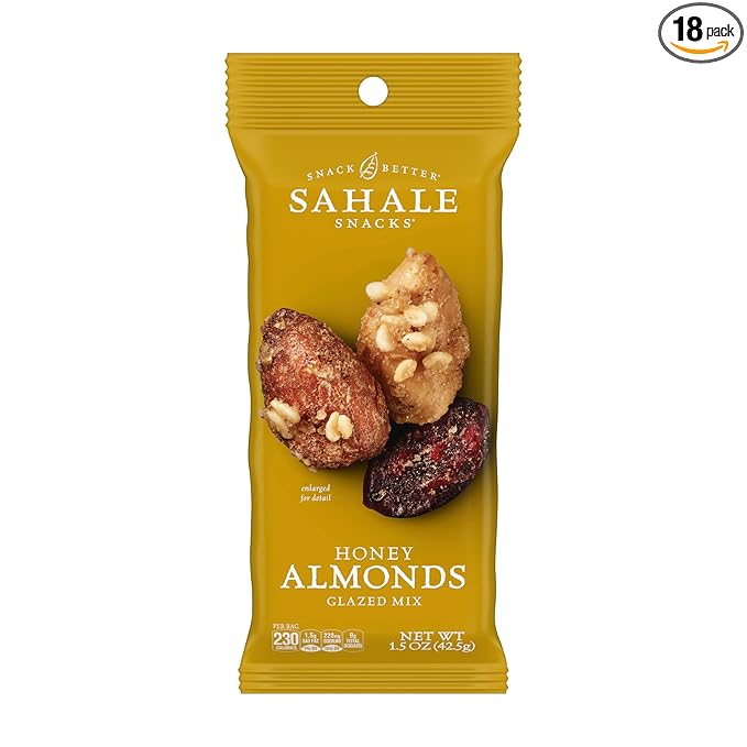 Sahale Snacks Honey Almonds Glazed Mix, 1.5 oz Grab & Go Bags (18 Packs) - Dry-Roasted Deluxe Mixed Nuts with Tart Cranberries & Madagascar Vanilla - Non-GMO, Kosher, & Certified Gluten-Free Snacks
