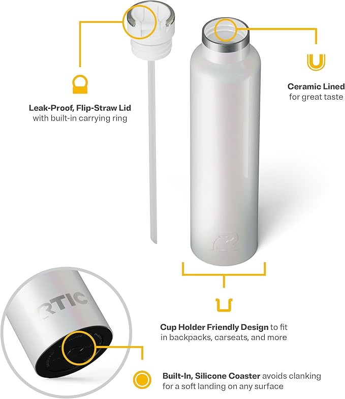 RTIC 26oz Journey Bottle Metal Stainless Steel Vacuum Insulated, BPA Free, Reusable, for Water, Hot and Cold Drinks, Travel, Sports, Camping, White Glitter