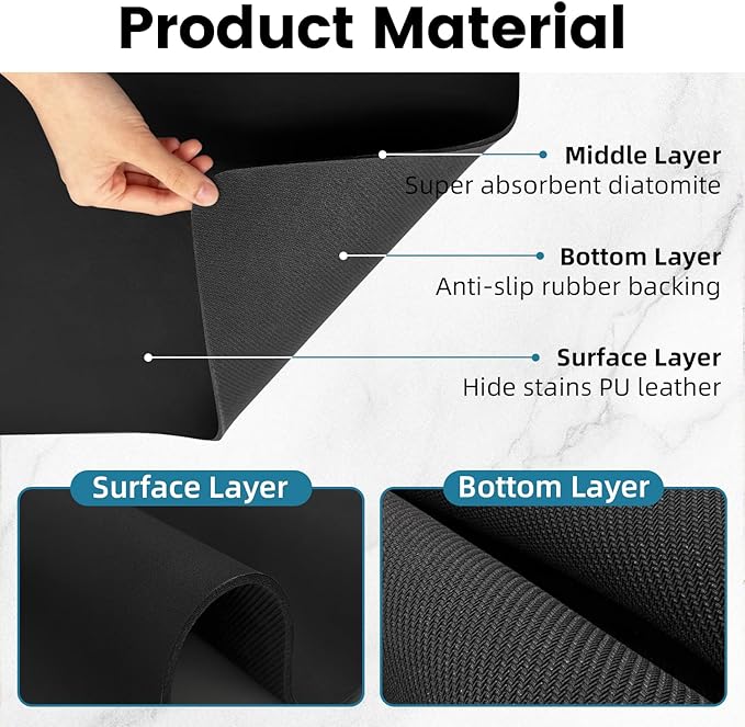 PoYang 17"x12" Coffee Mat Small, Coffee Bar Accessories for Countertop, Absorbent Dish Drying Mat, Anti-Slip and Hide Stain Pad for Espresso Machine, Espresso Maker and Kitchen Counter, Black