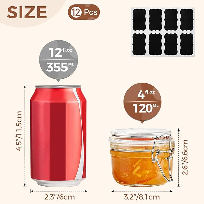 ComSaf 4oz Small Airtight Glass Jars Set of 12 with Lids Food Storage Jar Round, Mason Jar, Mini Storage Container with Clear Preserving Seal Wire Clip Fastening for Kitchen Canning, Jam, Spice, Honey