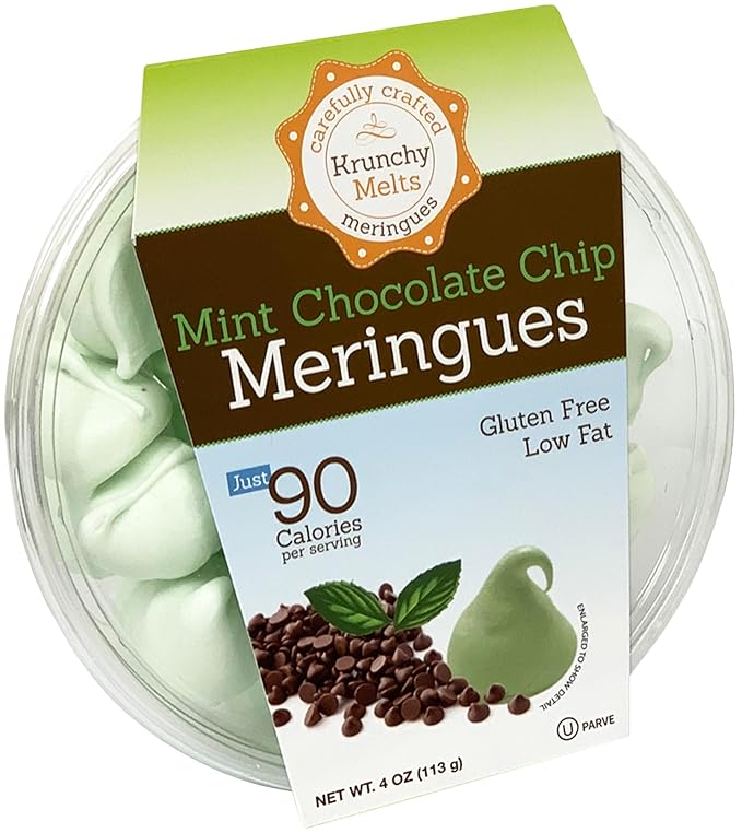 4 Pack Krunchy Melts Original Meringue Cookies | Mint Chocolate Chip Flavor 4-Pack | Only 90 Calories Per Serving | Low Fat, Gluten Free, Dairy Free (4 Oz)