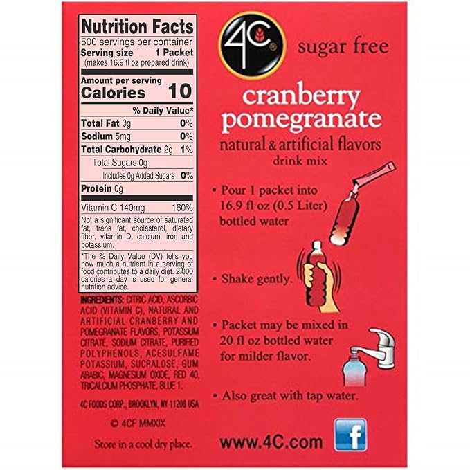 4C Powder Drink Stix, Cranberry Pomegranate 500 Count, Bulk Buy, Singles Stix, On the Go, Refreshing Water Flavorings, Value Pack