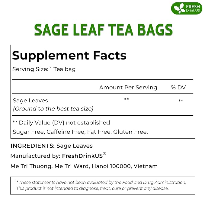 FreshDrinkUS, Premium 55 Sage Leaf Tea Bags, 100% Natural & Pure from Sage Leaves. Loose Leaf Herbal Tea. Made with Natural Material Tea Bags. No Sugar, No Caffeine, No Gluten, Vegan.