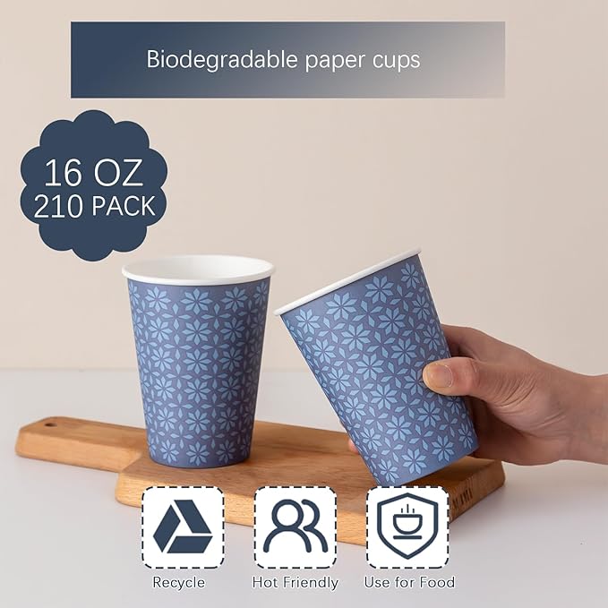 210 Pack 16 oz Disposable Paper Cups, Hot/Cold Beverage Paper Drinking Cups, Navy Floral Paper Coffee Cups 16 oz for Home-use, Office, Restaurant and Events