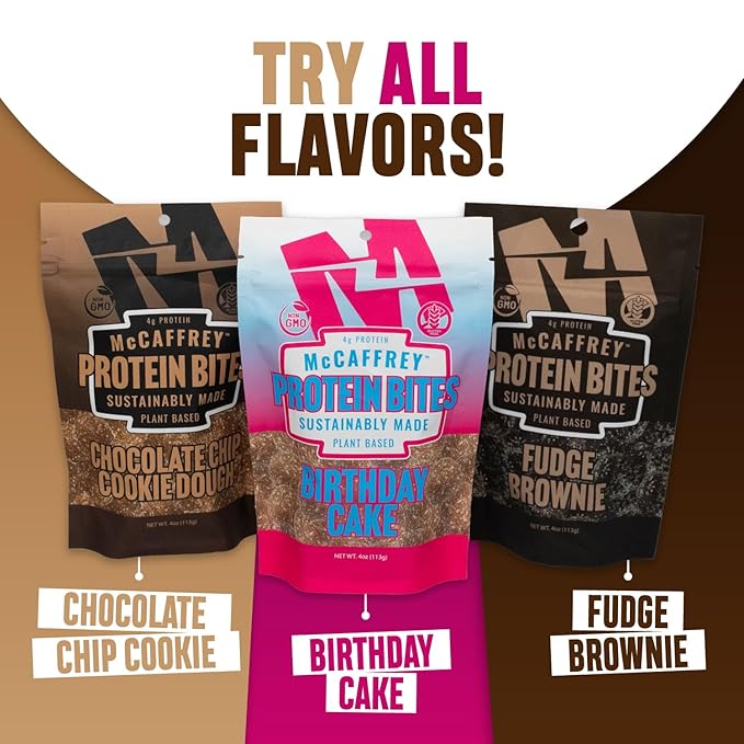 McCaffrey Protein Bites – Birthday Cake Flavor – 6 Multi-Serving 4oz Bags – 4g of Protein per Serving – Gluten-Free, Vegan, High Fiber Energy Snack for Active Families