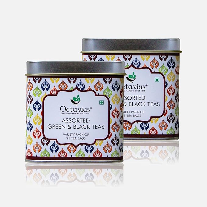 Octavius Tea Variety Pack | 6 Assorted Black & Green Teas | 25 Teabags | Tea Sampler Pack | Pack of 2