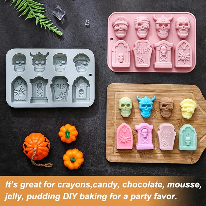 Halloween Chocolate Mold Silicone,2pcs Cavity Candy Gummy Mold with Skull and Tombstone for Baking Chocolate Jelly Gummy Desser