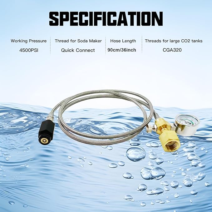 CO2 Tank CO2 Cylinder Quick Connect Adapter Hose with 3500psi Pressure Gauge, CGA320 to TR21-4, Compatible with Fizzi/Onetouch/Jet/AQUA FIZZ Blue Cylinder Soda Water Machine (36in)