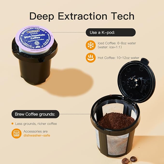 Mini Hot and Iced Coffee Maker Single Serve, for K Cup and Ground, 6 to 14 Oz Brew Sizes, with Recipe Book, for Home, Travel, RV, Office and Dorm, Violet