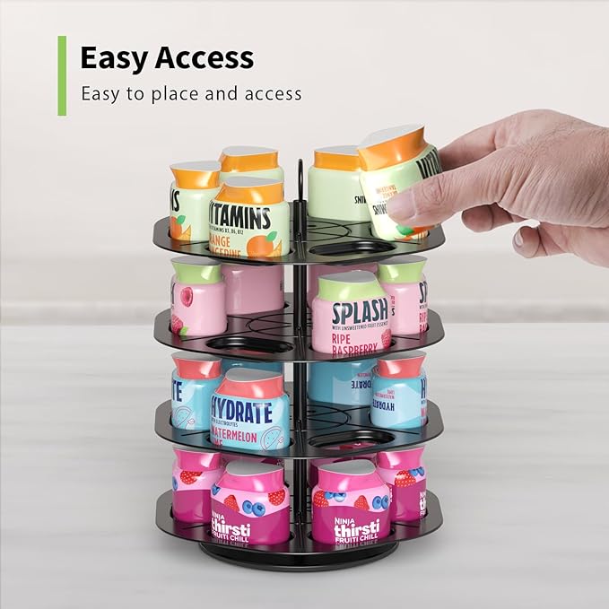 Flavor Pods Storage Holder, Turntable 360° 4-tier Flavored Water Drops Organiser, Compatible with Ninja Thirsti Drink System, Space-Saving Design, Easy to Access,Holds 24 Flavor Pods