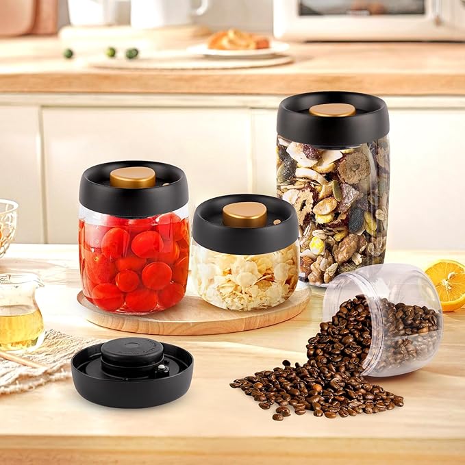 Coffee Vacuum Container Mason Jars: Food Coffee Bean Storage Containers with Lids Airtight, Plastic Wide Mouth Mason Jars Vacuum Sealer, Manual Vacuum Extraction Sealed Tank, 2pcs 800ml