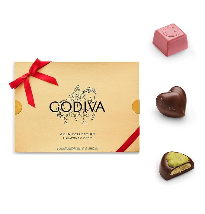 Godiva Red Bow Gold Assorted Chocolate Gift Box, Belgian Dark and Milk Chocolates with Pralinés, Ganaches & Caramels, Gourmet Holiday Gift, Non-GMO & Kosher, 60 Pc