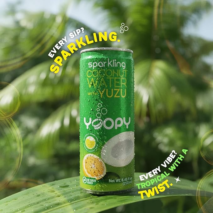 Yoopy Sparkling Coconut Water with Yuzu – 12 Pack (8.45 fl oz Cans) | Refreshing Tropical Sparkling Drink, Low Calorie, Hydrating & Naturally Flavored