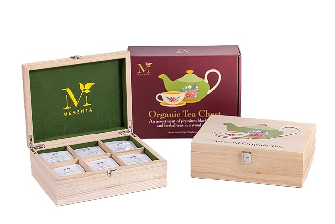 Mementa Inc Organic Wooden Tea Chest - 60 Tea Bags Individually Wrapped : Assorted Tea Variety Pack containing Black, Green, and Herbal caffeine-free teas : Tea Sampler Tea Set