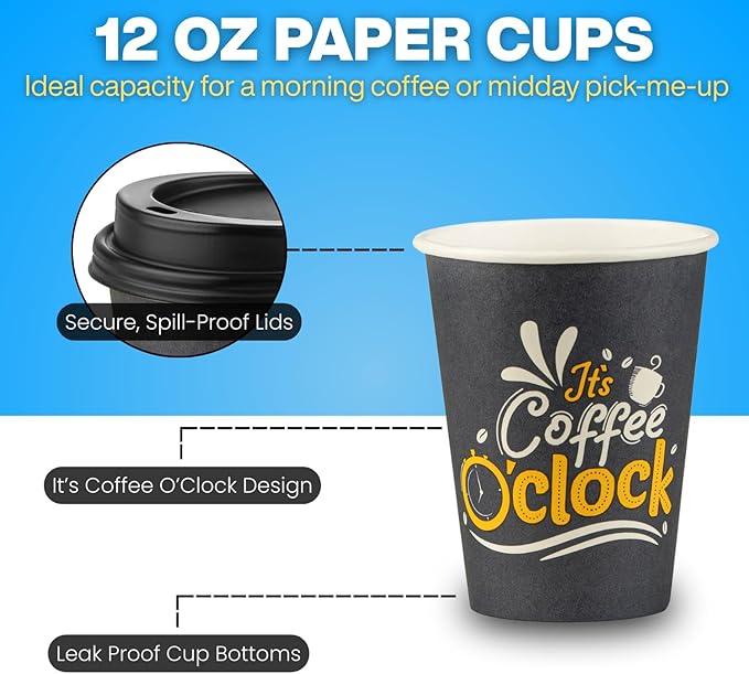 Smygoods Disposable Coffee Cups with Lids, To Go Paper Hot Cups, Coffee O'Clock Design (12 OZ, 50 Count) For Hot Beverages, Coffee, Tea, Espresso, Cocoa - Vasos Para Cafe