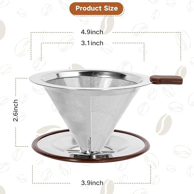 Pour Over Coffee Dripper，Reusable Stainless Steel Drip Cone Coffee Filter, Update Double Ultra Fine Micro Mesh Filter, Professional Paperless Drip Brew Coffee Cone Maker with Cup Stand,1-2 Cup