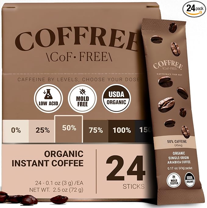 COFFREE Organic Instant Coffee Packets - 50% Half Caff Low Acid, Mold Free Coffee Made with Arabica Coffee Beans - Rich & Smooth Taste - Hot or Cold Single Serve Travel Packets 24 Pack Box