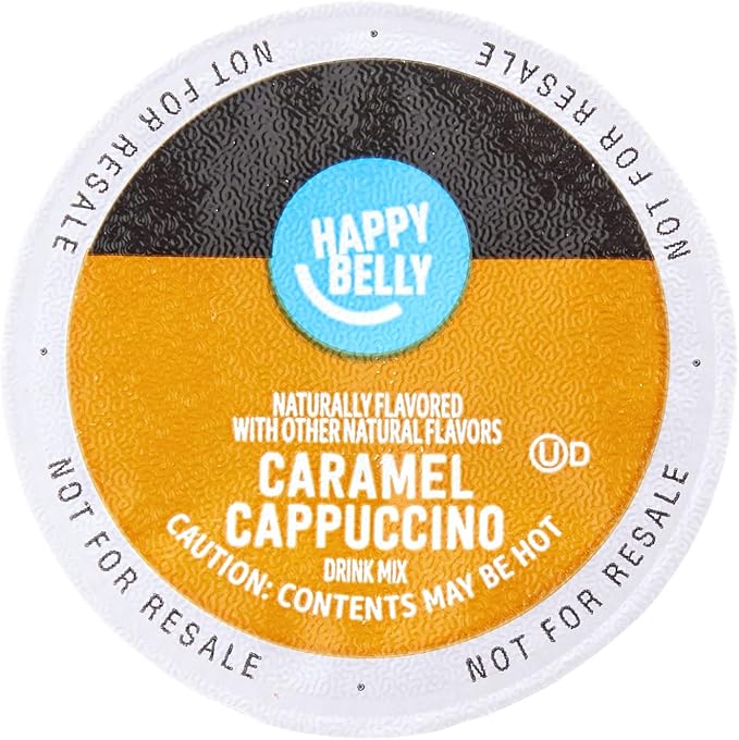 Amazon Brand - Happy Belly Cappuccino Coffee Pods Compatible With K Cup Brewers, Light Roast, Caramel Flavored, 24 Count, 12.72 ounce (Pack of 1)