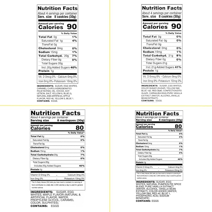 4 Pack Krunchy Melts Original Meringue Cookies | Fall Flavors 4-Pack | Caramel Apple, Halloween Vanilla, Maple, Pumpkin Spice | Only 80-90 Calories Per Serving | Low Fat/Fat Free, Gluten Free, Dairy Free (4 Oz)