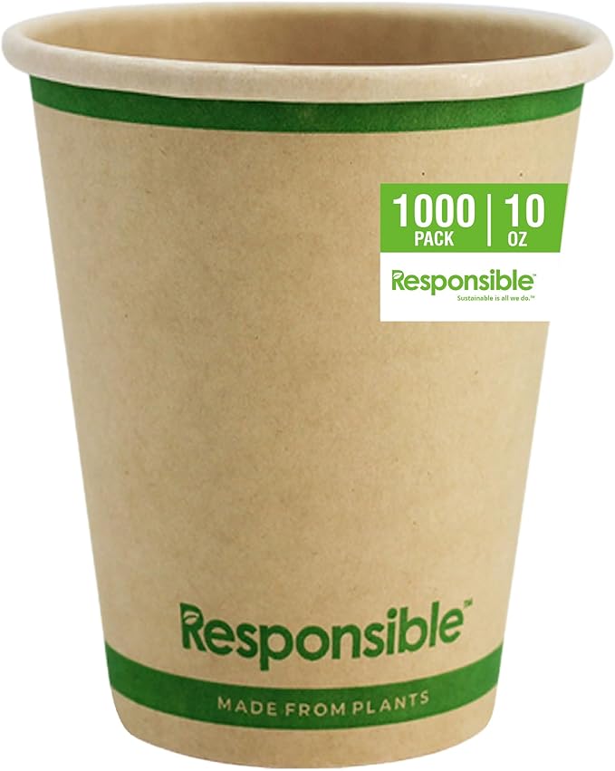 10 oz Paper Hot Cups Bulk, Tree-Less™ Compostable Paper Coffee Cups, Extra Strength, Tree-Free and Made Without PFAS, Natural Brown (1000 Count)