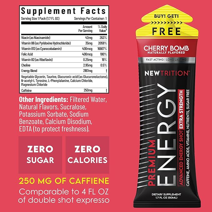 NewTrition® Extra Strength Energy Shots, 250mg Caffeine Energy Shots with Vitamin B & Amino Acids, Sugar-Free Vitamin Energy Shot, 1.7 fl oz (Pack of 12, Cherry Bomb)