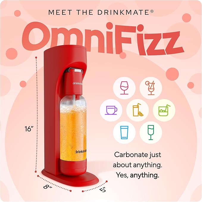 Drinkmate OmniFizz Sparkling Beverage Maker CO2 Bundle - Sparkling Water/Soda Streaming Machine That Carbonates Any Drink - Includes 1 CO2 Cylinder, 1 Carbonation Bottle, 1 Fizz Infuser - Royal Red