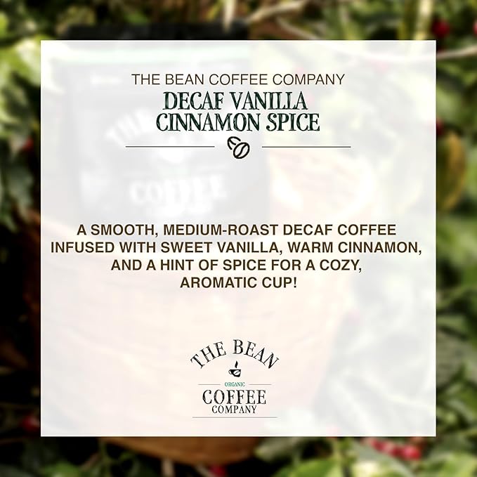 The Bean Organic Coffee Company Water Processed DECAF Vanilla Cinnamon Spice, Medium Roast, Ground Coffee, 16-Ounce Bags (Pack of 2), Café Molido Tostado Orgánico descafeinado