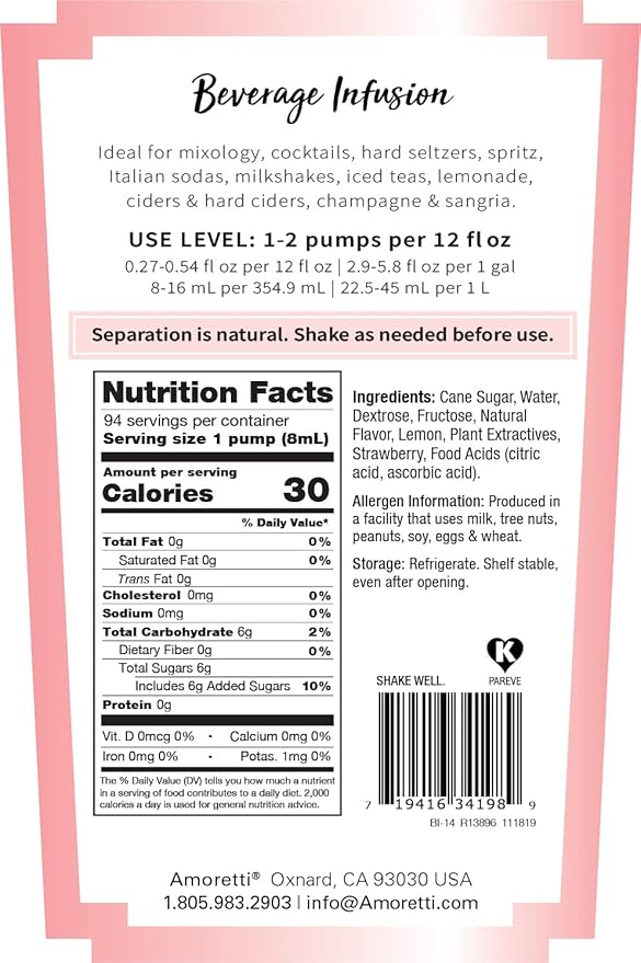Amoretti - Strawberry Lemonade Beverage Infusion - Drink Mix & Water Enhancer with Pump for Flavoring Cocktails, Waters, Teas, and other Beverages, Preservative Free