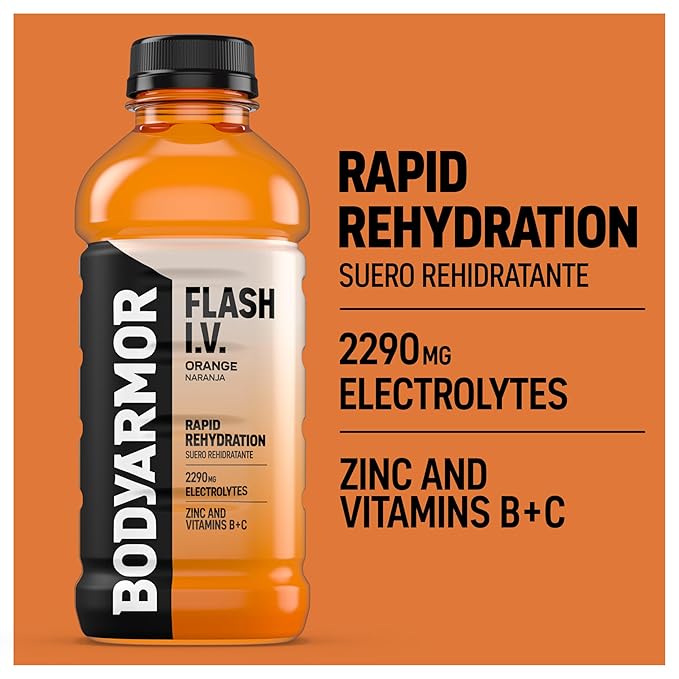 BODYARMOR Flash I.V. Electrolyte Beverage, Orange, Hydration Drink with Coconut Water For Rapid Rehydration, Post Workout Recovery, 20 Fl Oz (Pack of 12)