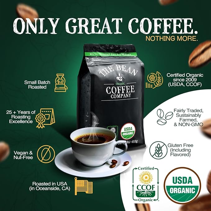 The Bean Organic Coffee Company Premium Espresso, Dark Roast, Whole Bean Coffee, 16-Ounce Bag