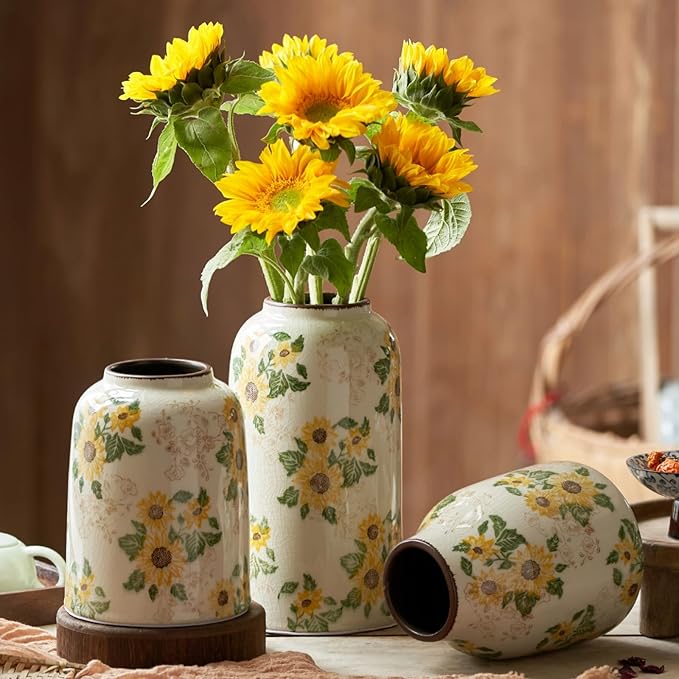 Vintage Ceramic Vase, 10.6 Inch Chinoiserie Sunflower Yellow Floral Vases, Retro Ice Cracked Rustic Antique Flower Vases for Modern Room Bathroom Shelf Home Decor (Large Cylinder)