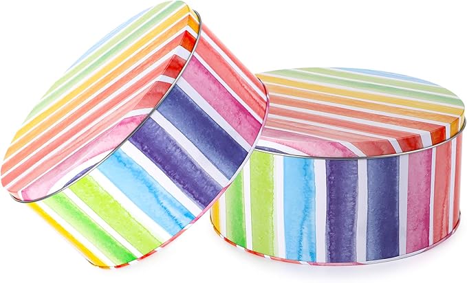 Yopay 3 Pack Cookie Tins, Round Baking Cake Gift Tins for Storing Patisseries, Puff Pastries Craft Supplies, Easter, Special Occasion and Holidays, Rainbow Pattern, 7" W X 3.2" H, Metal