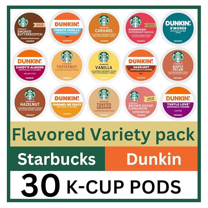 30 Count -- Flavored Starbucks & Dunkin Variety Pack Coffee Pods K Cup Sampler – Starbucks - Hazelnut, Cinnamon Dolce, Maple Pecan, Smoked Butterscotch, Toasted Graham, Caramel, Vanilla & Toffeenut. Dunkin - Turtle Love, Candy'd Almond, Caramel Me Craz...