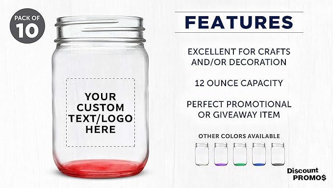 DISCOUNT PROMOS Custom Decorating Mason Jars 12 oz. Set of 10, Personalized Bulk Pack - Glass Jars for Overnight Oats, Candies, Fruits, Pickles, Spices, Beverages - Red