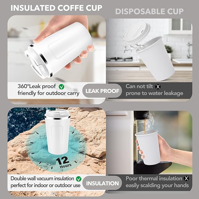 Volhoply 12 oz Double Wall Insulated Vacuum Travel Coffee Mug with Flip Lid Bulk 8 Pack,Reusable Stainless Steel Leak Proof Coffee Cup,Portable Cafe Thermal Tumbler for Hot Drinks(Assort Color,8 Set)