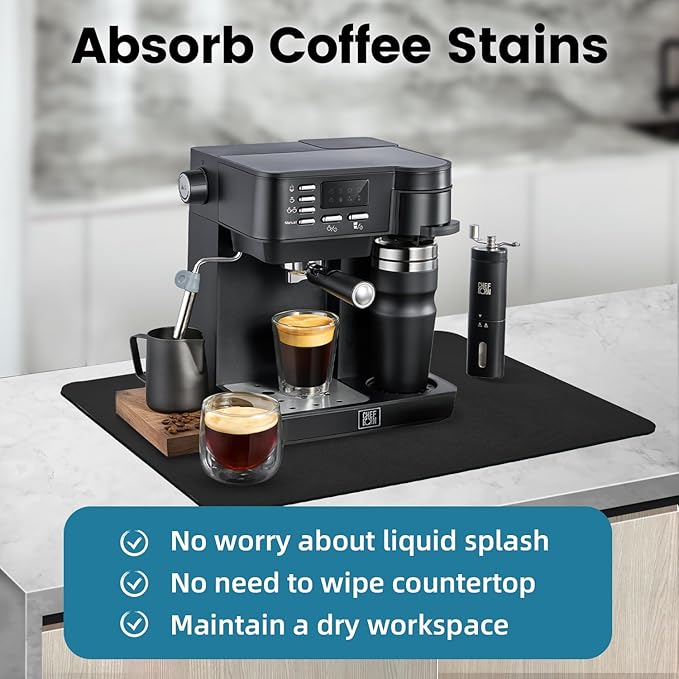 PoYang 17"x12" Coffee Mat Small, Coffee Bar Accessories for Countertop, Absorbent Dish Drying Mat, Anti-Slip and Hide Stain Pad for Espresso Machine, Espresso Maker and Kitchen Counter, Black