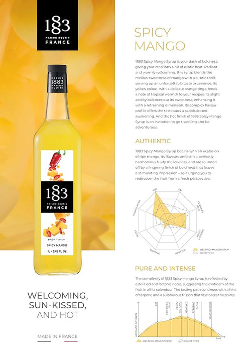 1883 Spicy Mango Syrup for Drinks, Made in France, 1 Liter Glass Bottle