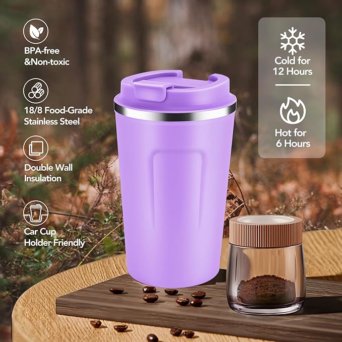 Volhoply 12 oz Double Wall Insulated Vacuum Travel Coffee Mug with Flip Lid Bulk 4 Pack,Reusable Stainless Steel Leak Proof Coffee Cups,Portable Cafe Thermal Tumbler for Hot&Cold Drinks(Purple,4 Set)