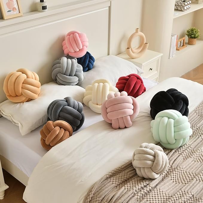 Decorative Throw Knot Pillow Ball for Home Chair Sofa Aesthetic Round Velvet Knotted Pillow Cushion (Black, 8 inches)