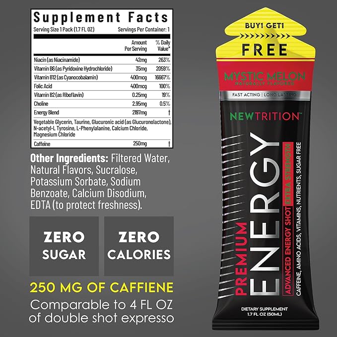 NewTrition® Extra Strength Energy Shots, 250mg Caffeine Energy Shots with Vitamin B & Amino Acids, Sugar-Free Vitamin Energy Shot, 1.7 fl oz (Pack of 24, 4 Flavors-Mixed-1)