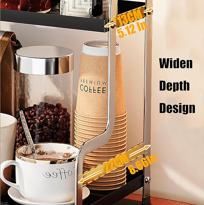 KISKIS Coffee Mug Cup Holder Space Saving 2-Tier Sturdy Stable Metal Storage Shelf, Prevent Falling Scratch Resistant Kitchen Rack Office Bathroom Desktop Organizer,Black
