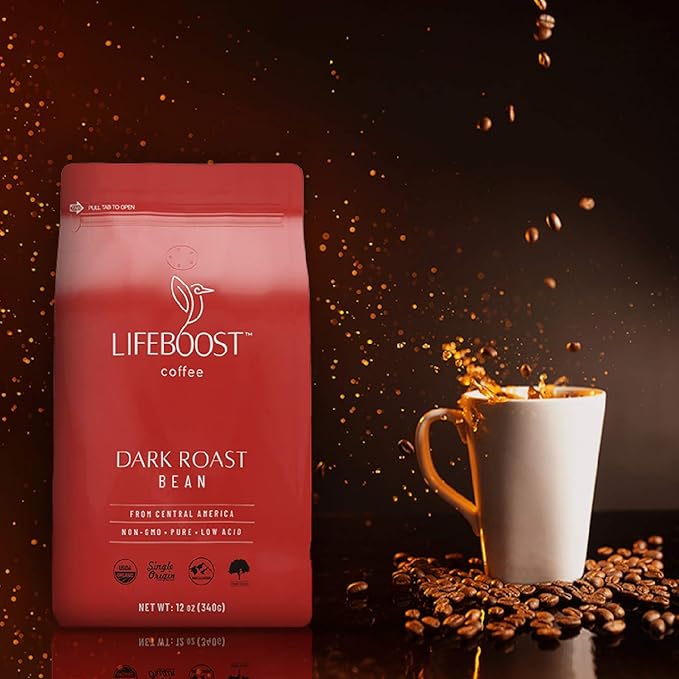 Lifeboost Dark Roast Whole Bean Coffee - Non-GMO Low Acid Single Origin USDA Organic Coffee - Third Party Tested For Mycotoxins & Pesticides - 12 Ounces (Pack of 3)