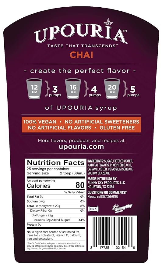 Upouria Chai Syrup Flavoring, 100% Vegan, Gluten-Free, Kosher, 750ml bottle (Pack of 2) with 1 Syrup Pump
