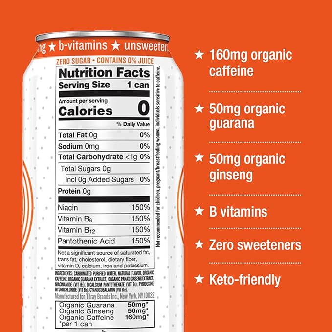 Hiball Clean Energy Drink - Blood Orange - Zero Sugar, Zero Calorie Sparkling Water with 160mg Organic Caffeine, 50mg Organic Ginseng, 50mg Organic Guarana and B Vitamins - 16 fl oz (8-Pack)